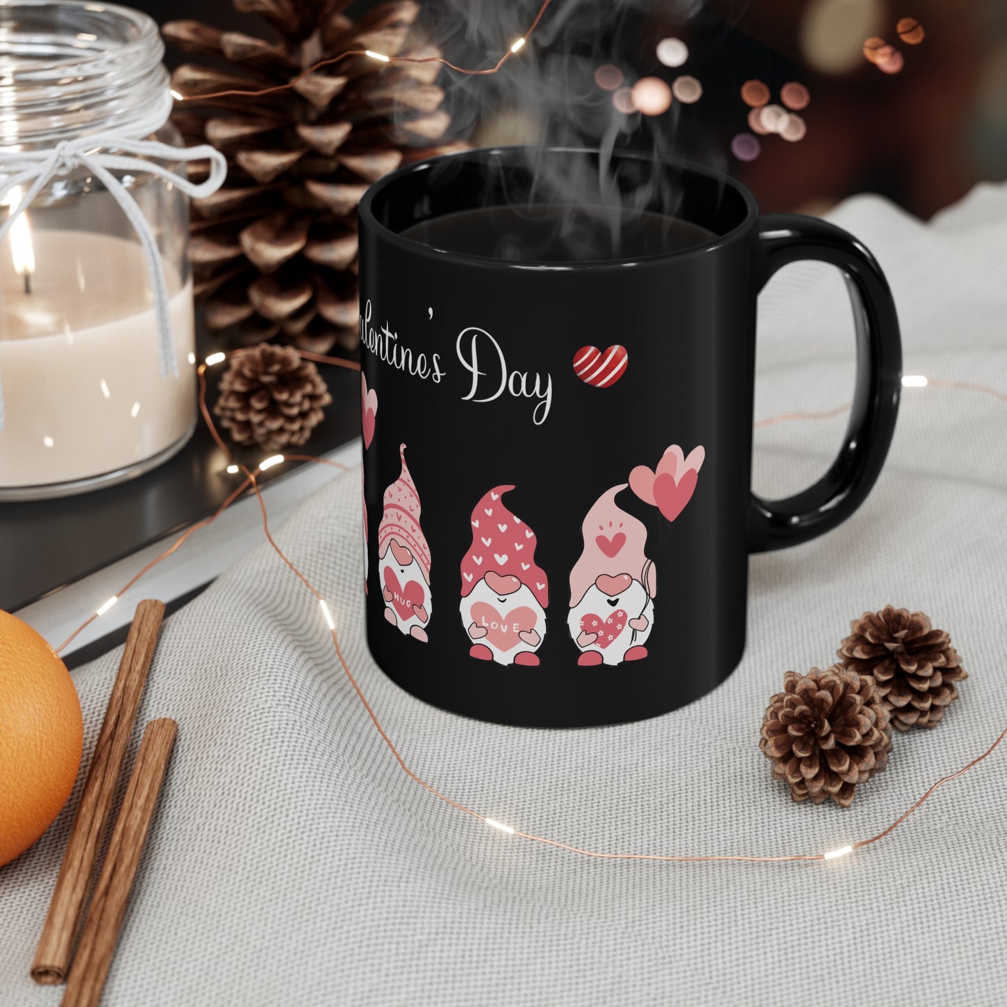 Valentine's Day Coffee Mug, Gnome Mug, Gnome Coffee Mug, Happy Valentine's Day Mug, Valentine's Gnome Mug, Black Ceramic Mug 11oz