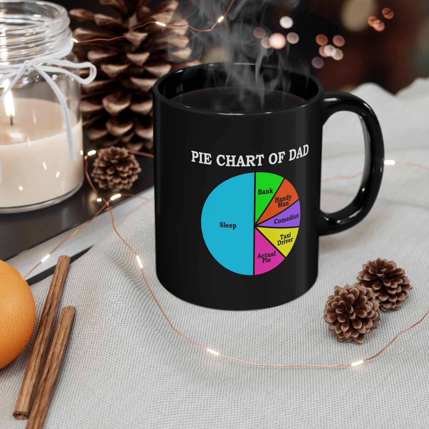 Happy Father's Day Ceramic Coffee Mug, Pie Chart of Dad, Black, 11oz Capacity