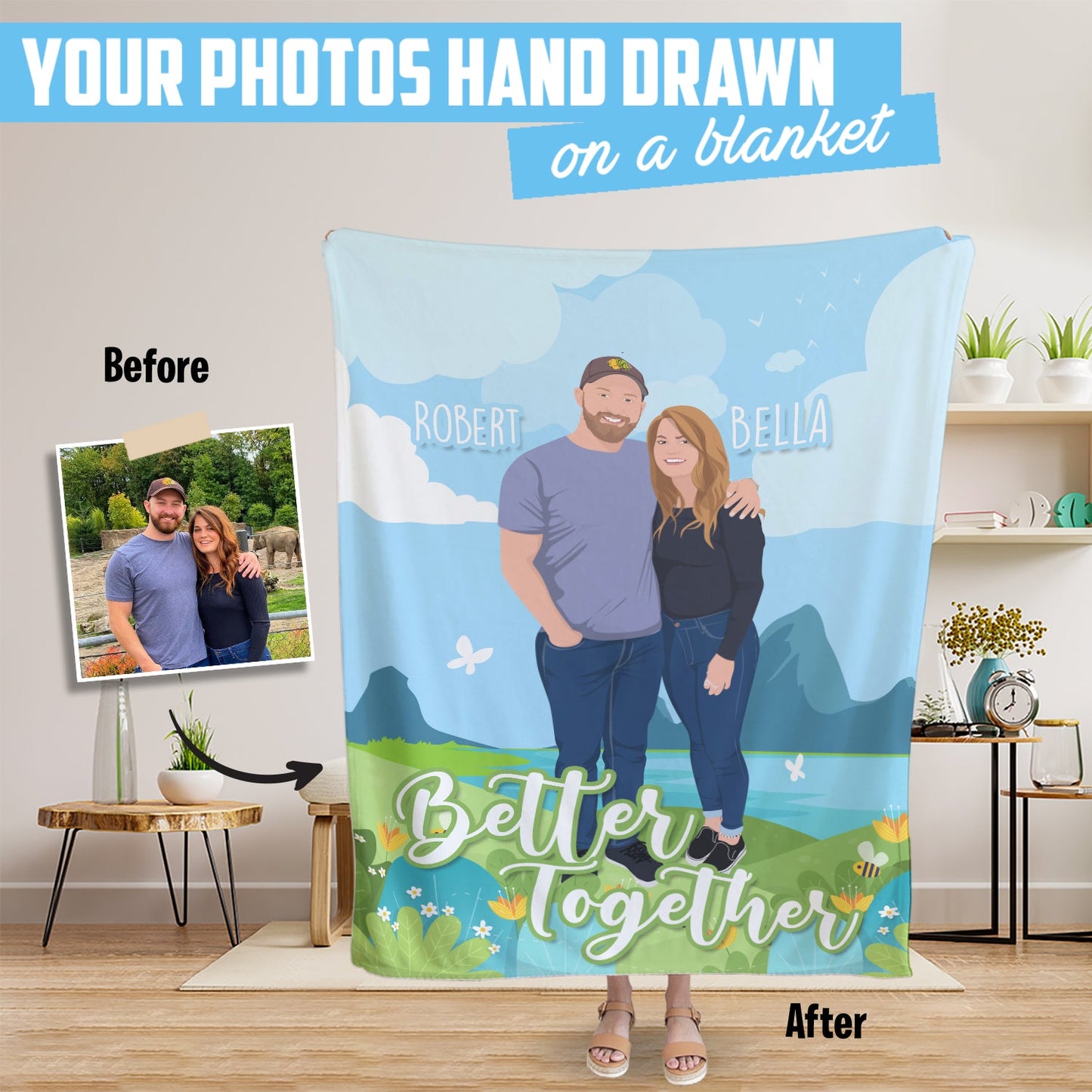 Custom Personalized Blanket with Your Hand Painted Portrait "Better Together Personalized Blanket"