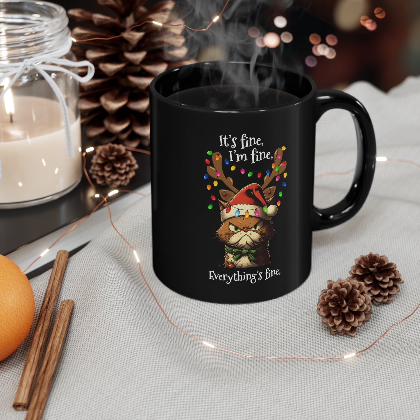 Funny Christmas Cat It's Fine, I'm Fine, Everything's Fine 11oz Ceramic Black Mug