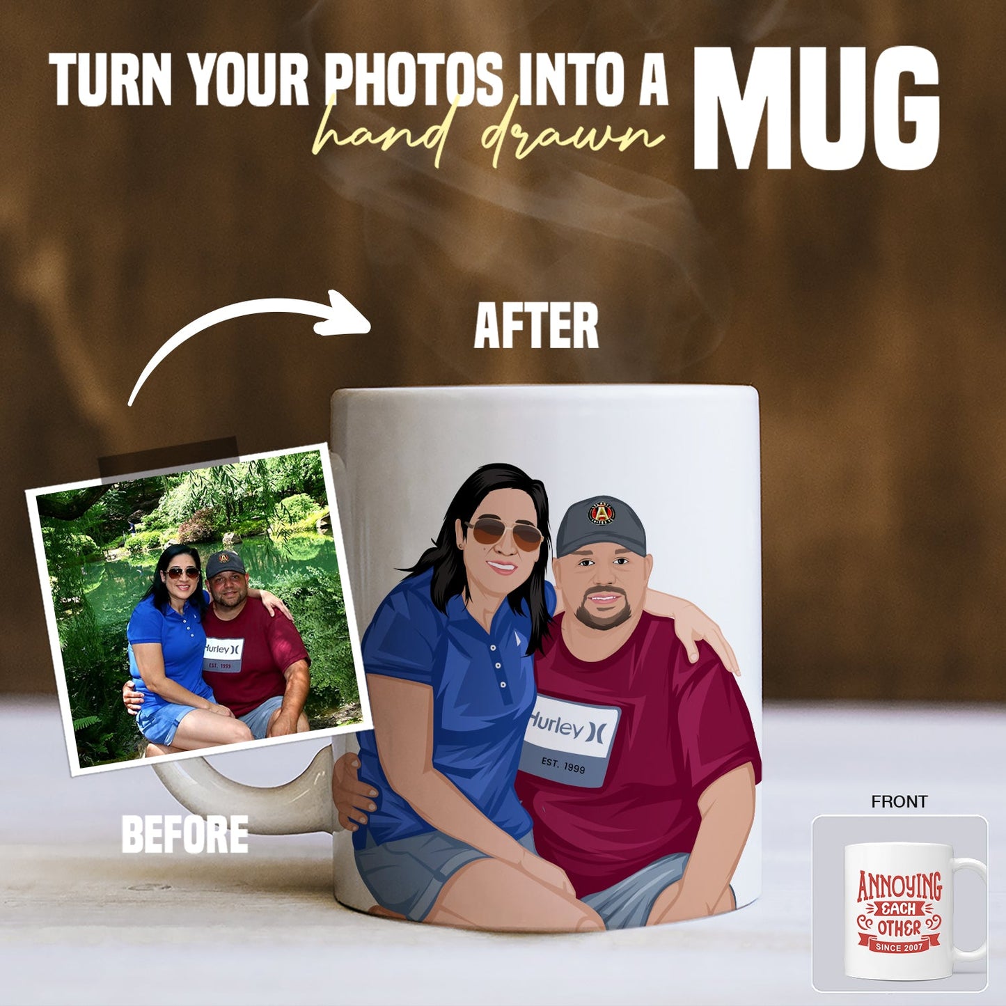 Custom "Annoying Each Other Since 2019" Couples Mug Personalized with Your Hand-Drawn Portrait