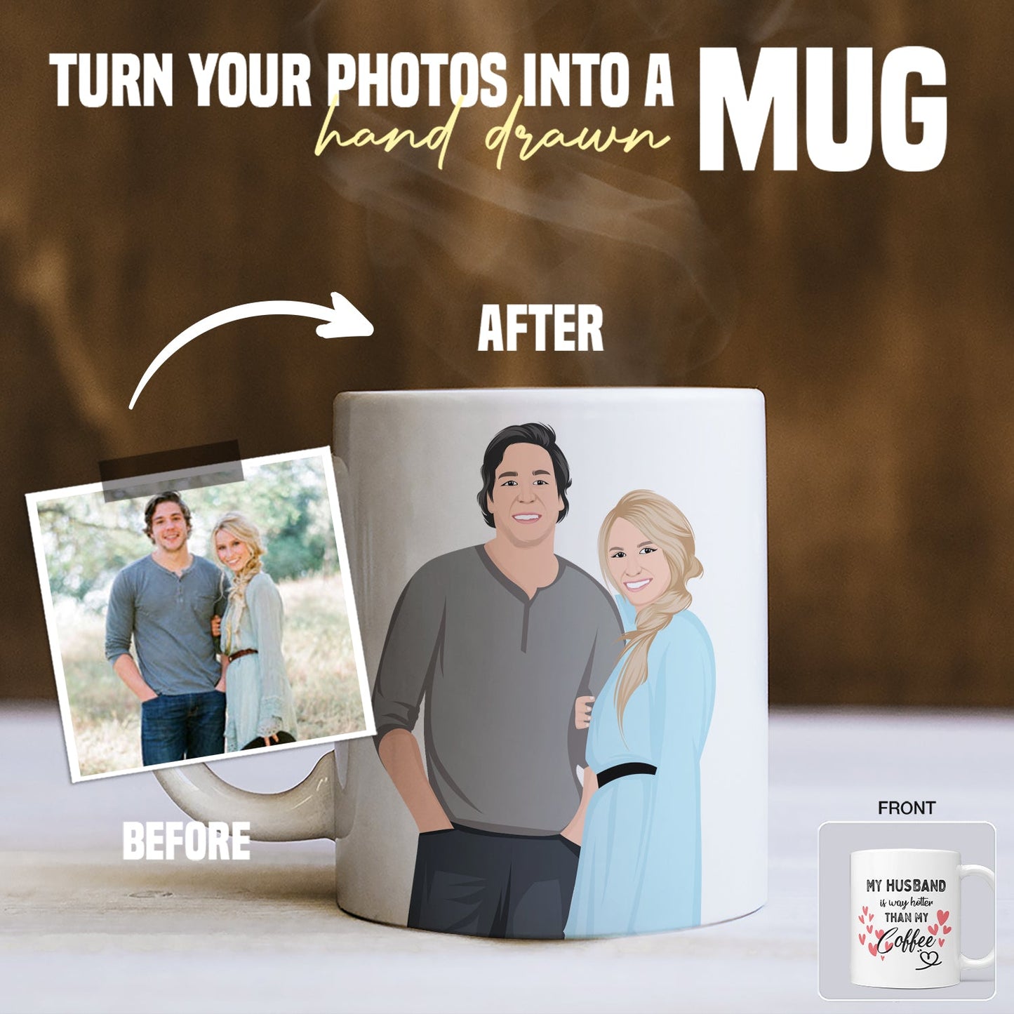 Custom My Husband is Hotter than My Coffee Personalized Hand-drawn Portrait Mug