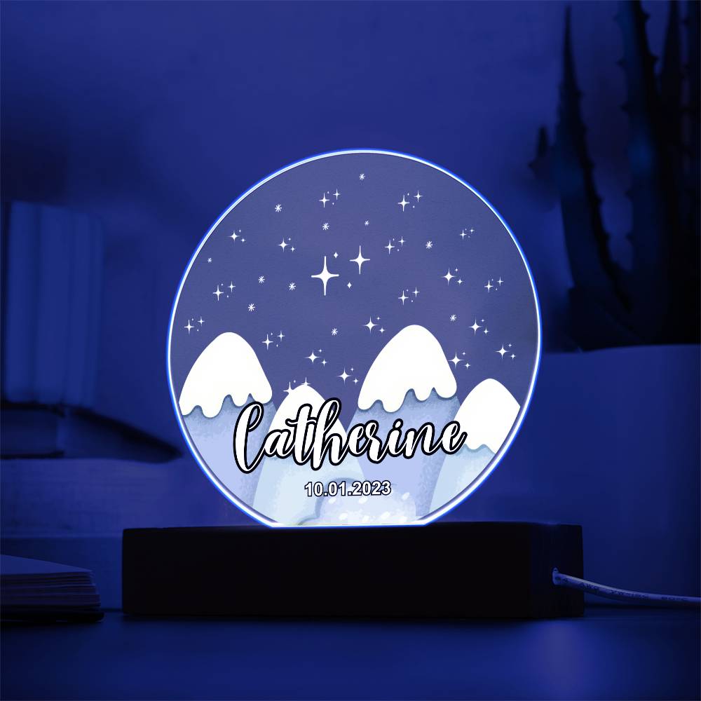 Custom Personalized Acrylic Plaque with Wooden or LED Base (Night Light) - Mountains Silhouette Skyline