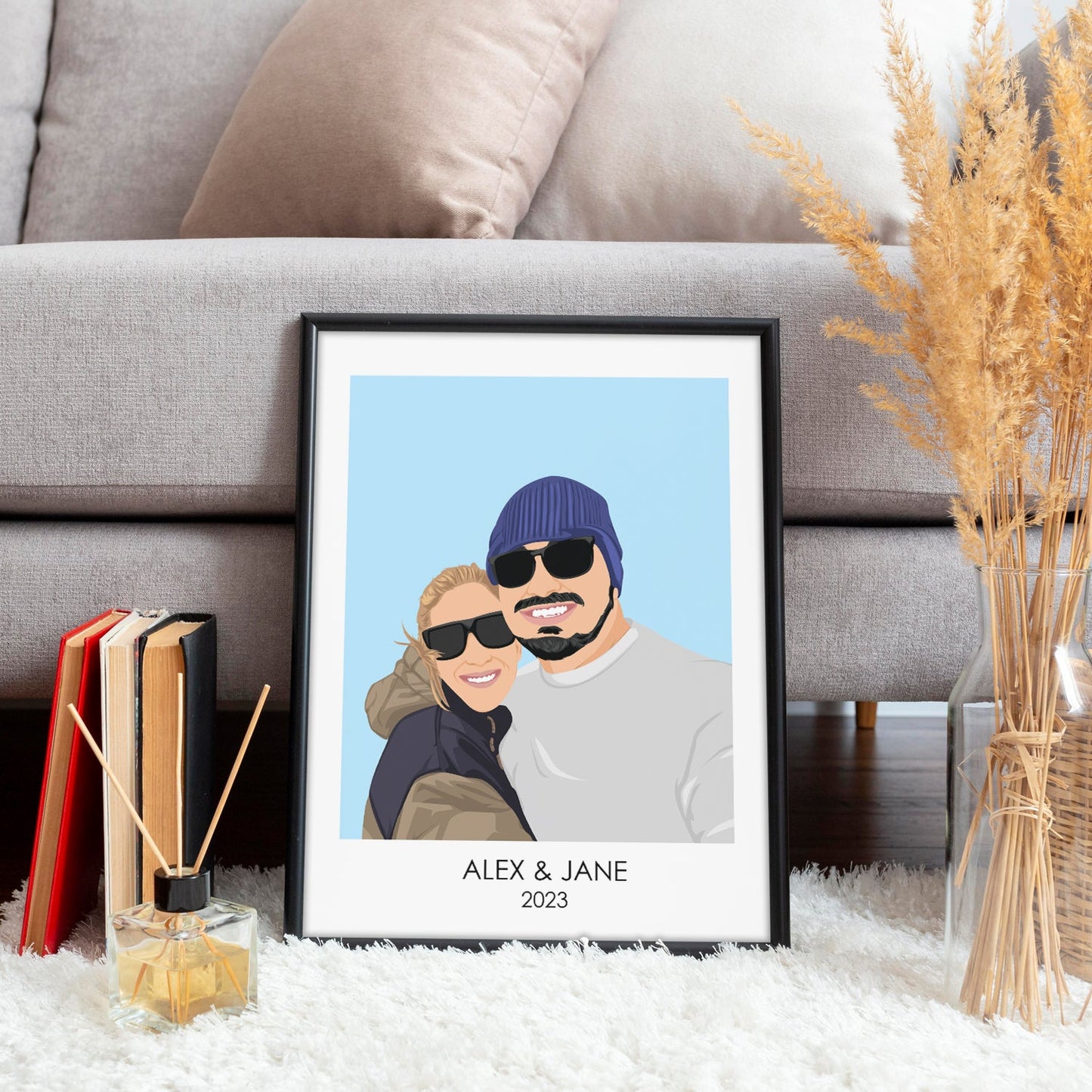 Personalized Hand Drawn Couples Portrait With Custom Names and Dates