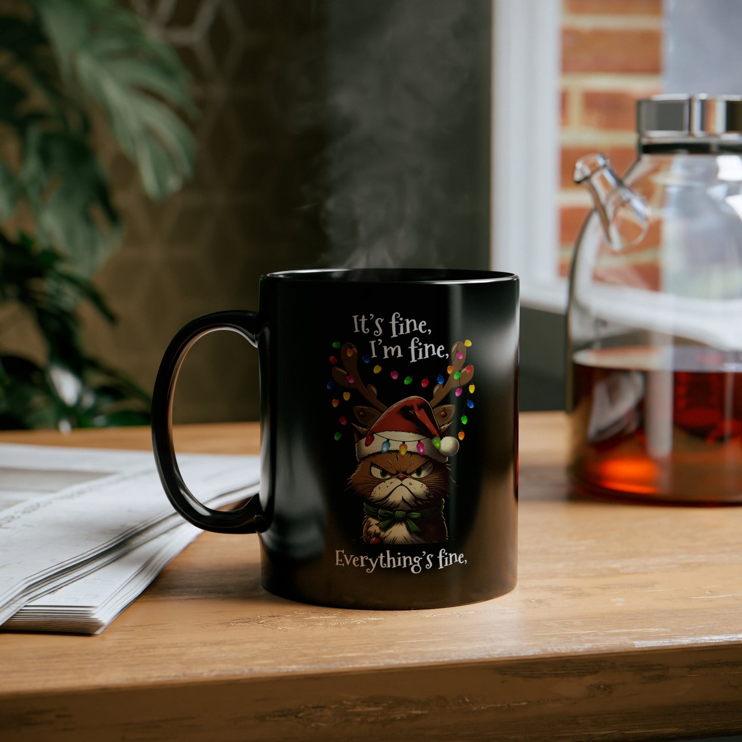 Funny Christmas Cat It's Fine, I'm Fine, Everything's Fine 11oz Ceramic Black Mug