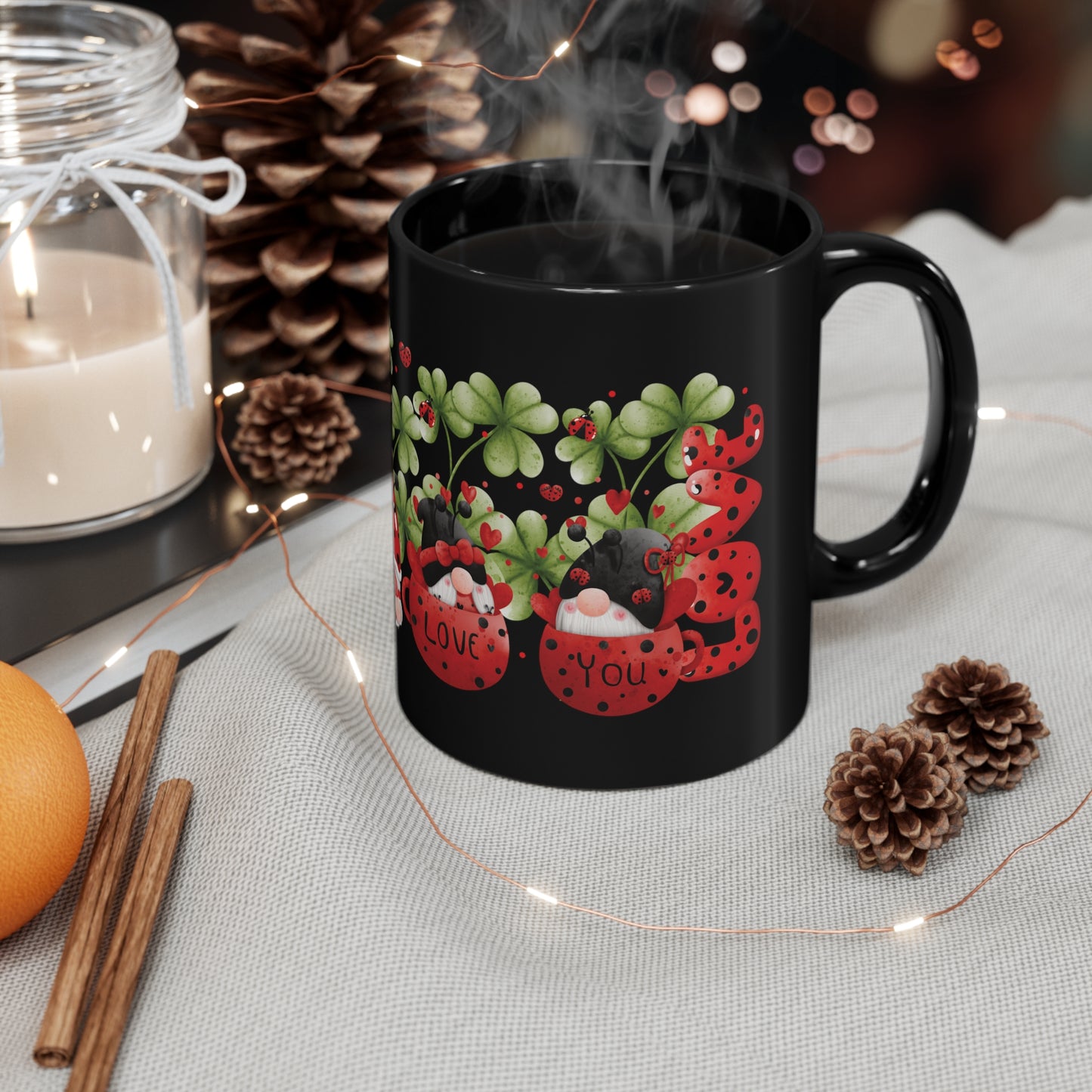 Valentine's Day Coffee Mug, Gnome Mug, Gnome Coffee Mug,  Happy Valentine's Day Mug, Valentine's Gnome Mug, Black Ceramic Mug 11oz