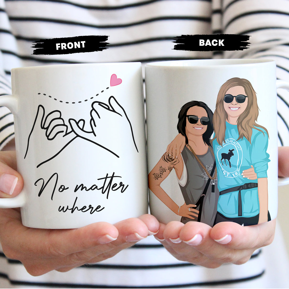 Custom "No Matter Where" Friends Coffee Mug Personalized with Your Hand-Drawn Portrait