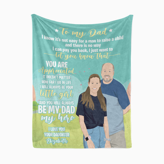 Custom "To My Dad" Blanket From Daughter Personalized With Hand-Drawn Portrait