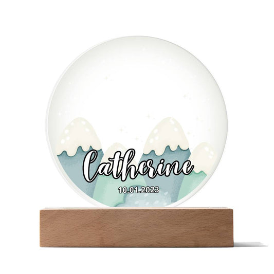 Custom Personalized Acrylic Plaque with Wooden or LED Base (Night Light) - Mountains Silhouette Skyline