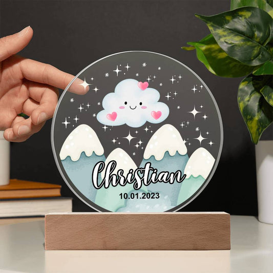 Custom Personalized Acrylic Plaque with LED Base (Night Light) or Wooden base - Mountains Silhouette Skyline With Cloud 1