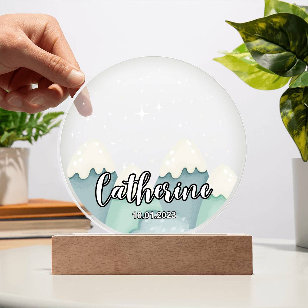 Custom Personalized Acrylic Plaque with Wooden or LED Base (Night Light) - Mountains Silhouette Skyline
