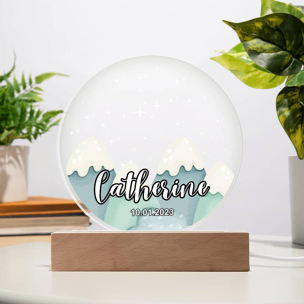 Custom Personalized Acrylic Plaque with Wooden or LED Base (Night Light) - Mountains Silhouette Skyline