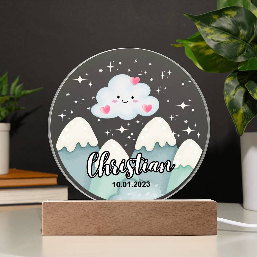 Custom Personalized Acrylic Plaque with LED Base (Night Light) or Wooden base - Mountains Silhouette Skyline With Cloud 1