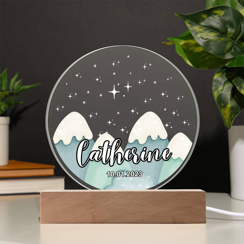 Custom Personalized Acrylic Plaque with Wooden or LED Base (Night Light) - Mountains Silhouette Skyline