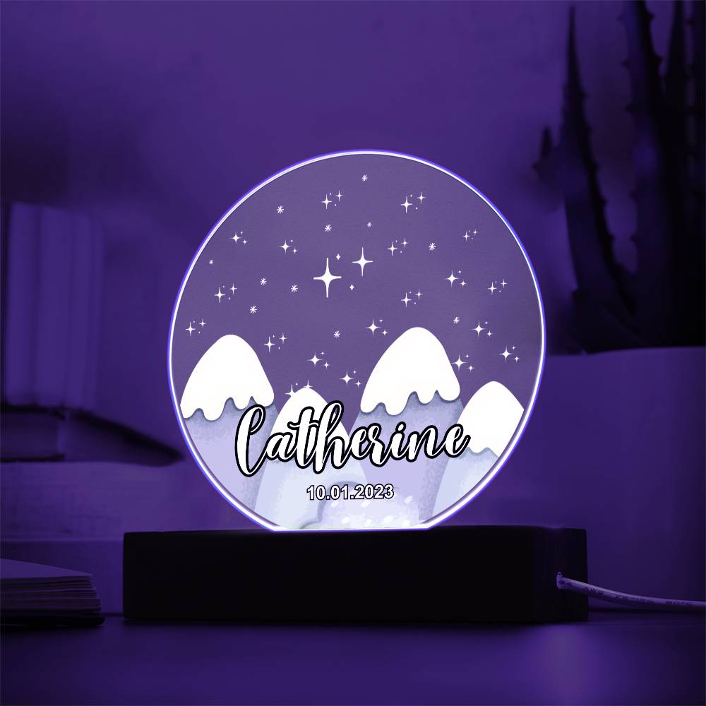 Custom Personalized Acrylic Plaque with Wooden or LED Base (Night Light) - Mountains Silhouette Skyline