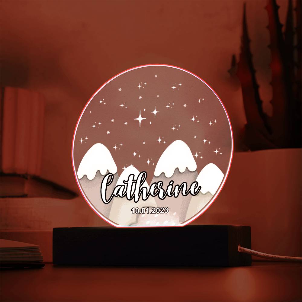 Custom Personalized Acrylic Plaque with Wooden or LED Base (Night Light) - Mountains Silhouette Skyline