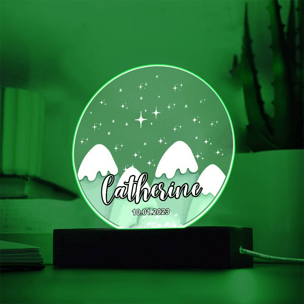 Custom Personalized Acrylic Plaque with Wooden or LED Base (Night Light) - Mountains Silhouette Skyline