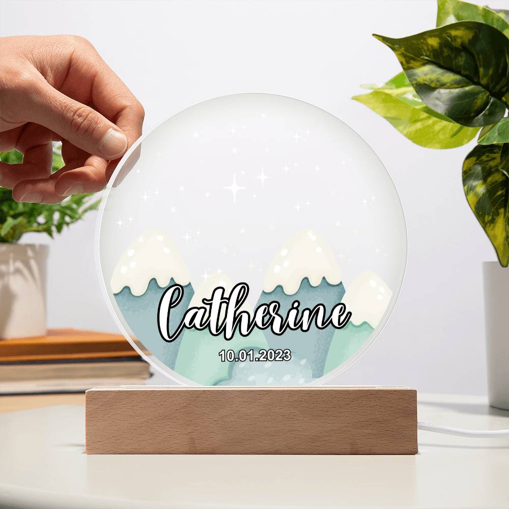 Custom Personalized Acrylic Plaque with Wooden or LED Base (Night Light) - Mountains Silhouette Skyline