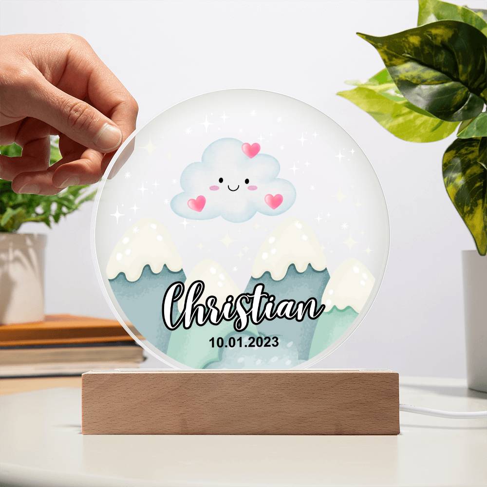 Custom Personalized Acrylic Plaque with LED Base (Night Light) or Wooden base - Mountains Silhouette Skyline With Cloud 1