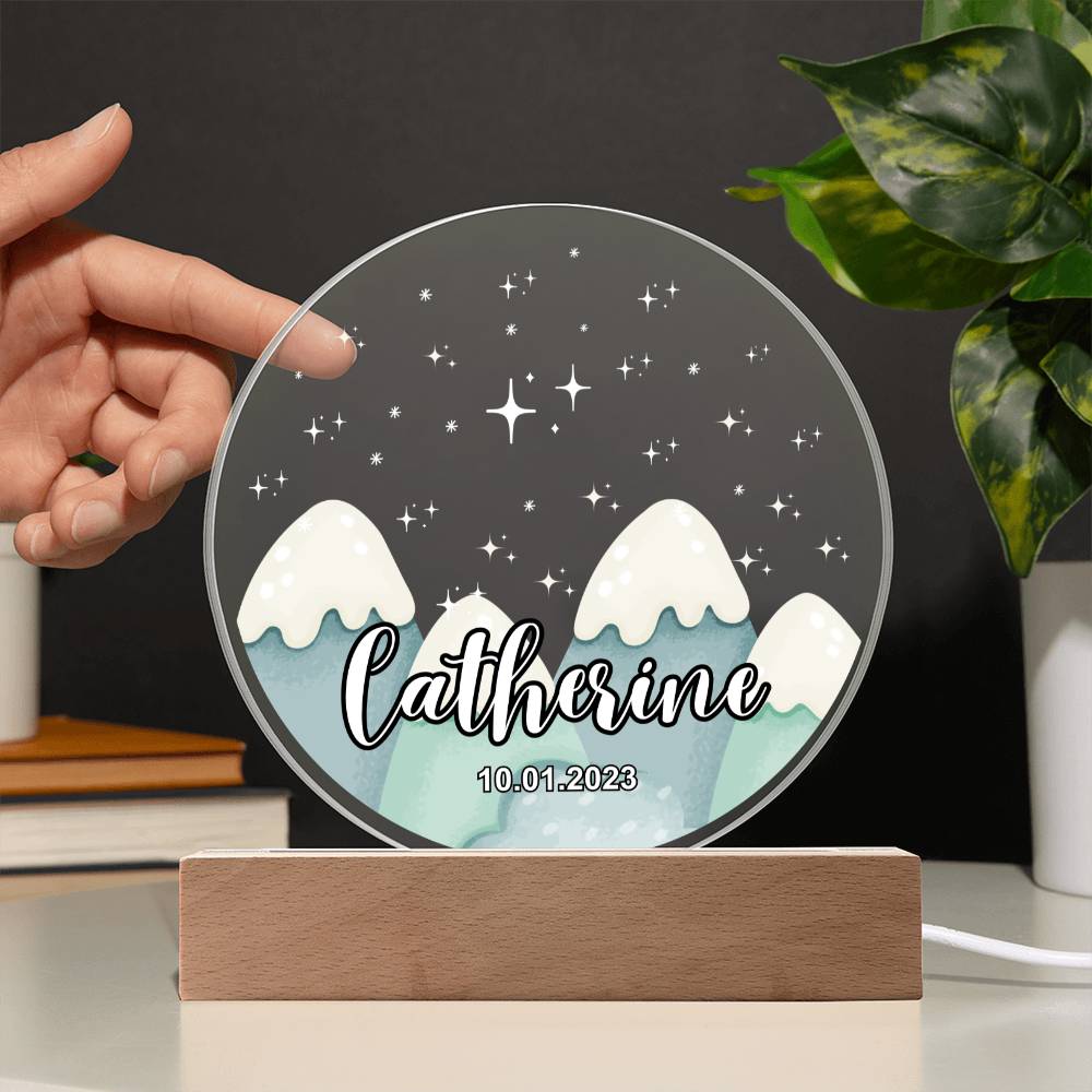 Custom Personalized Acrylic Plaque with Wooden or LED Base (Night Light) - Mountains Silhouette Skyline