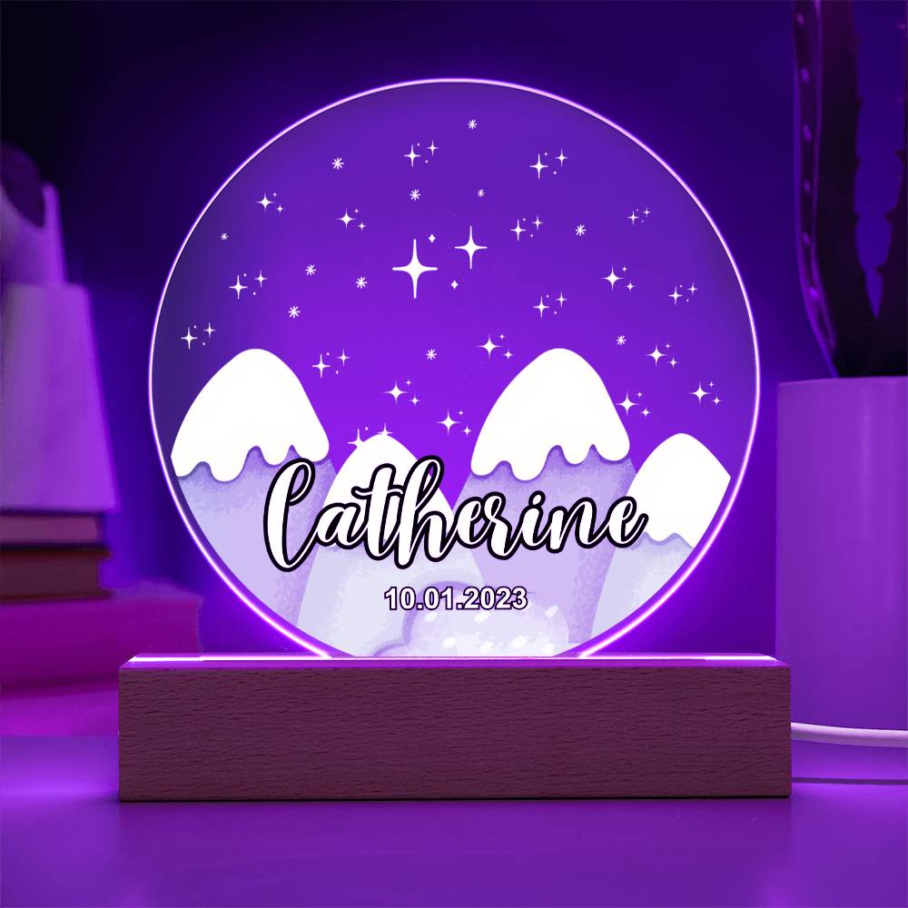 Custom Personalized Acrylic Plaque with Wooden or LED Base (Night Light) - Mountains Silhouette Skyline