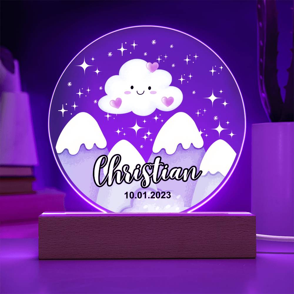 Custom Personalized Acrylic Plaque with LED Base (Night Light) or Wooden base - Mountains Silhouette Skyline With Cloud 1