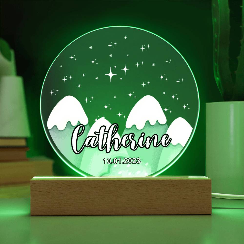 Custom Personalized Acrylic Plaque with Wooden or LED Base (Night Light) - Mountains Silhouette Skyline