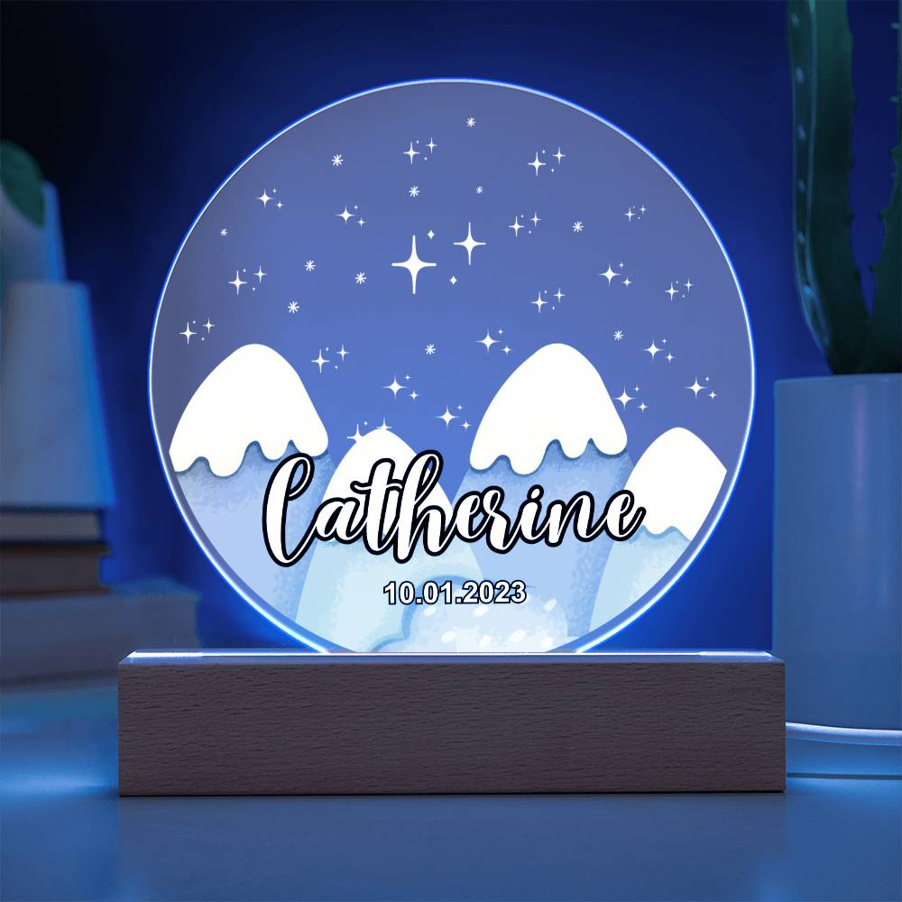 Custom Personalized Acrylic Plaque with Wooden or LED Base (Night Light) - Mountains Silhouette Skyline
