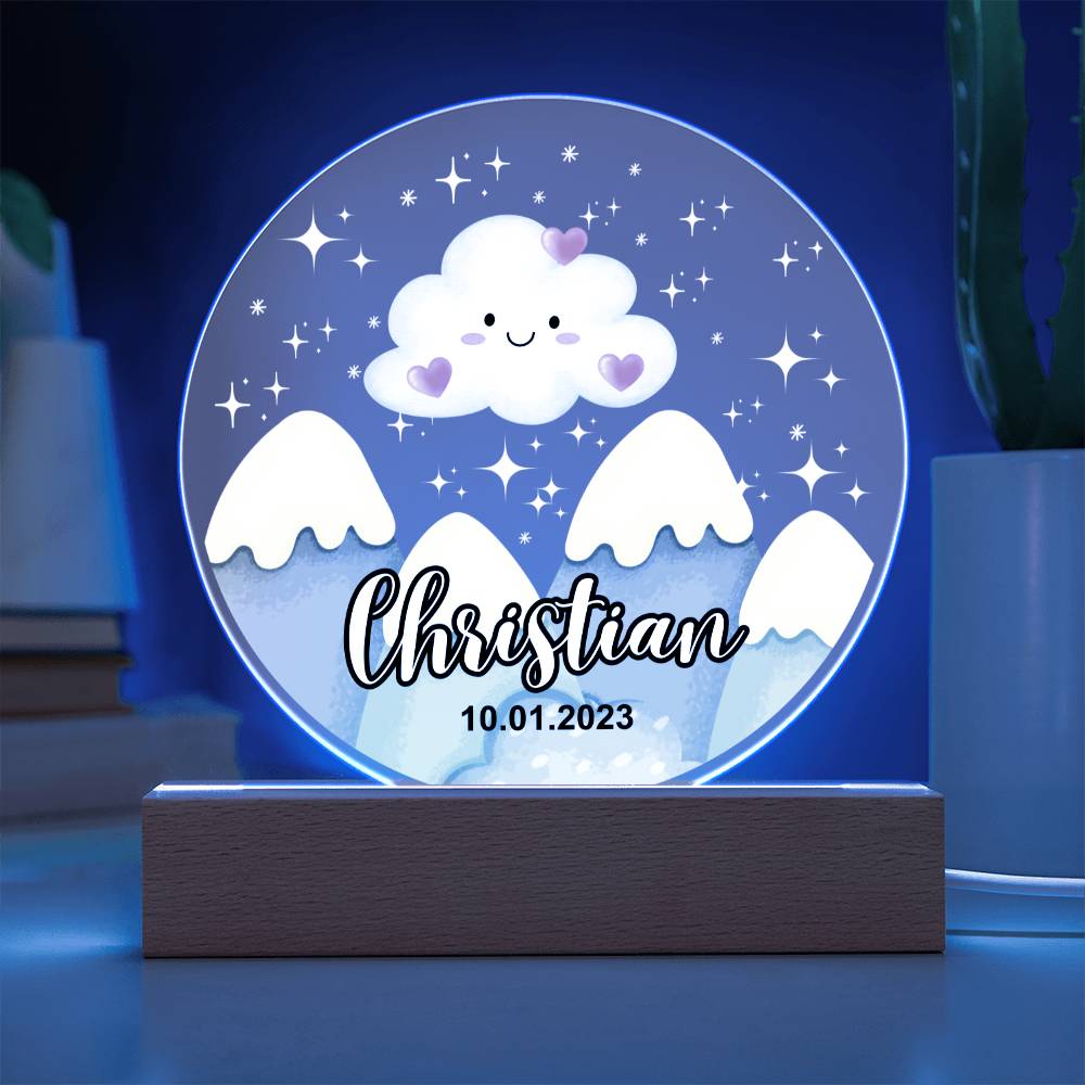 Custom Personalized Acrylic Plaque with LED Base (Night Light) or Wooden base - Mountains Silhouette Skyline With Cloud 1
