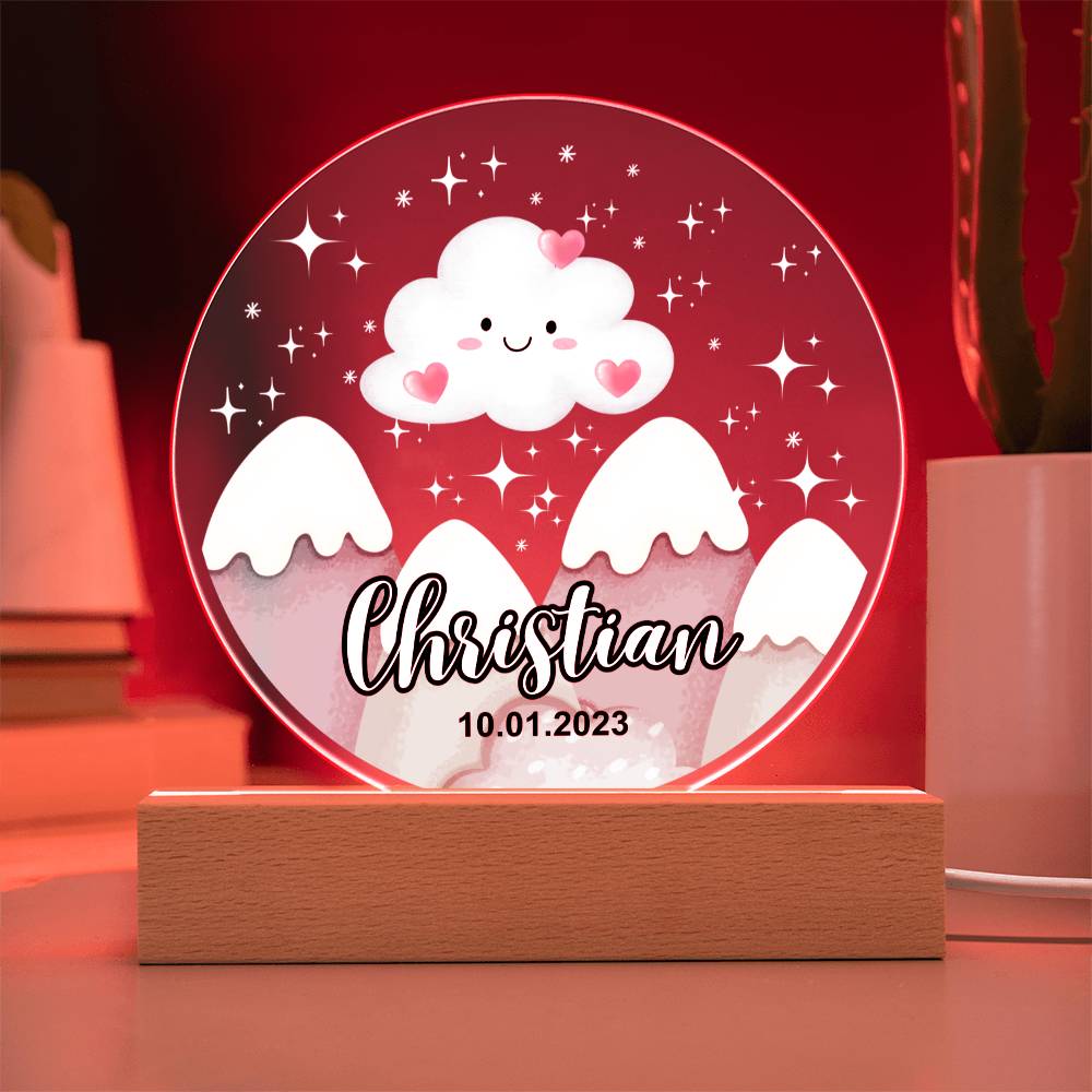 Custom Personalized Acrylic Plaque with LED Base (Night Light) or Wooden base - Mountains Silhouette Skyline With Cloud 1