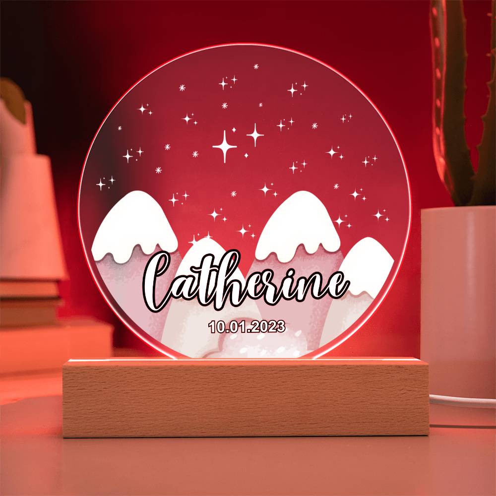 Custom Personalized Acrylic Plaque with Wooden or LED Base (Night Light) - Mountains Silhouette Skyline