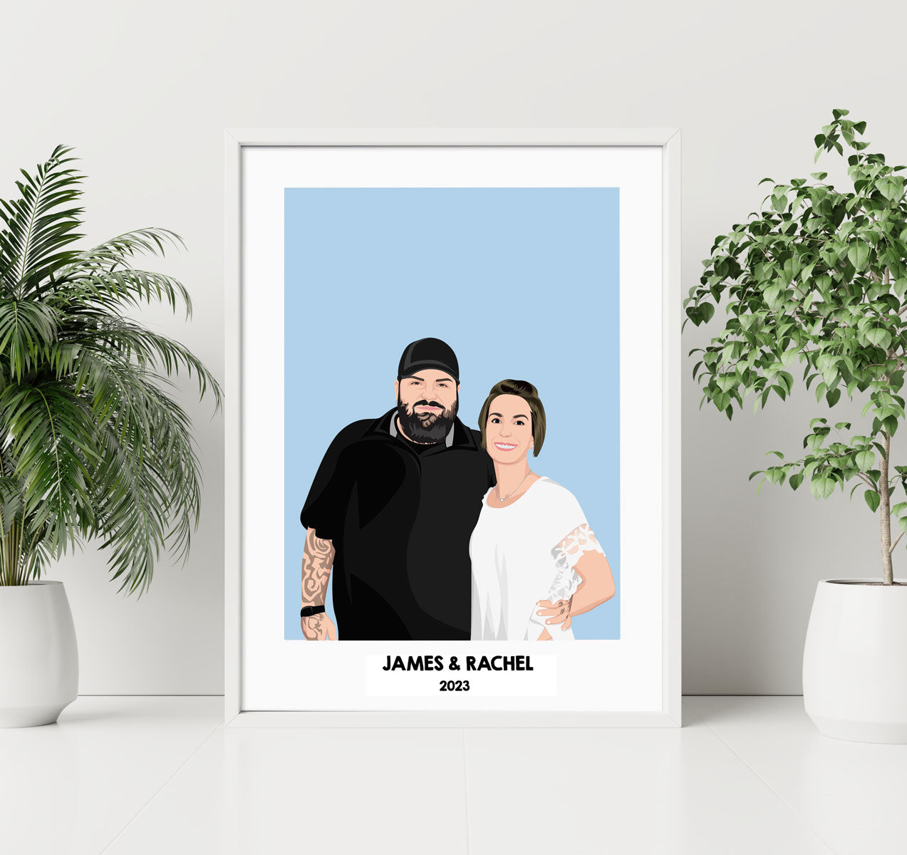 Personalized Hand Drawn Couples Portrait With Custom Names and Dates