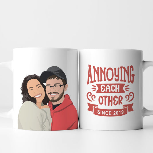 Custom "Annoying Each Other Since 2019" Couples Mug Personalized with Your Hand-Drawn Portrait