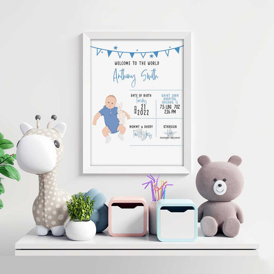 Custom Baby Birth Details Wall Art Personalized with a Hand-Drawn Photo of Your Baby
