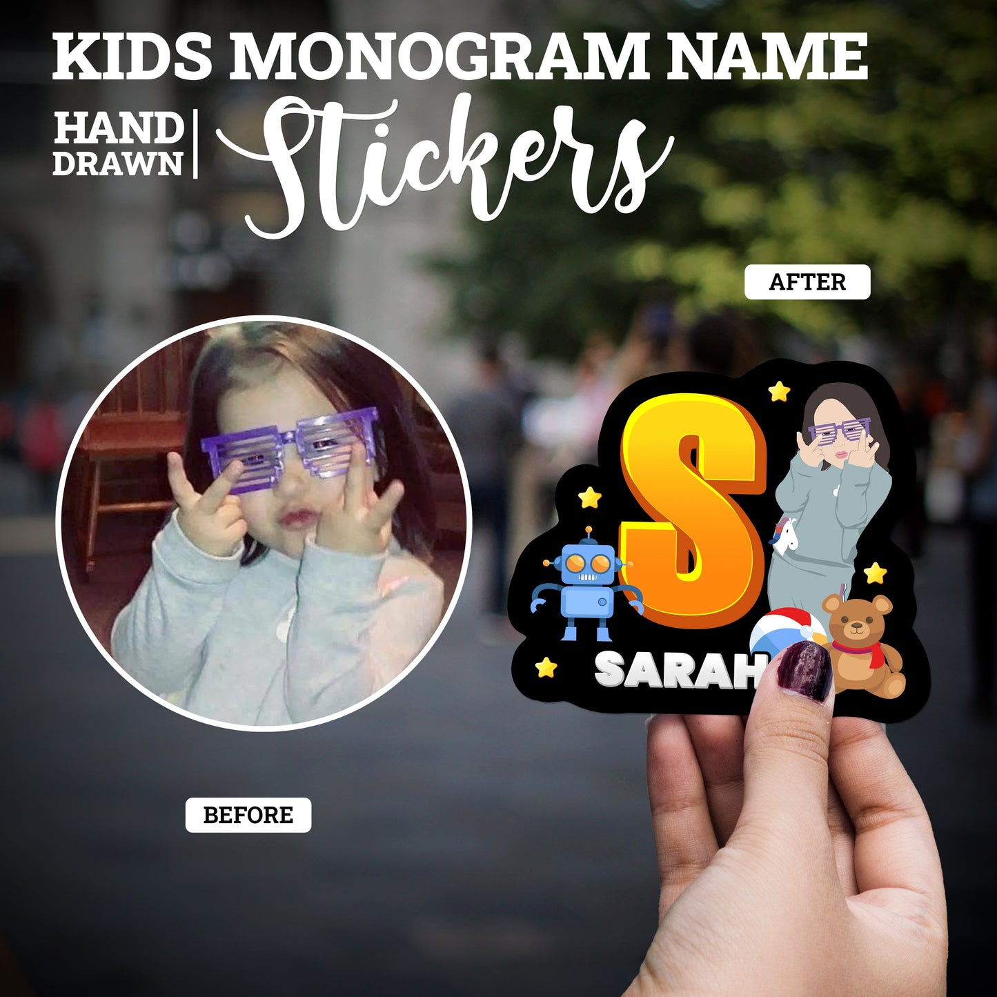 Custom Hand-Drawn Kid's Name Monogram Stickers