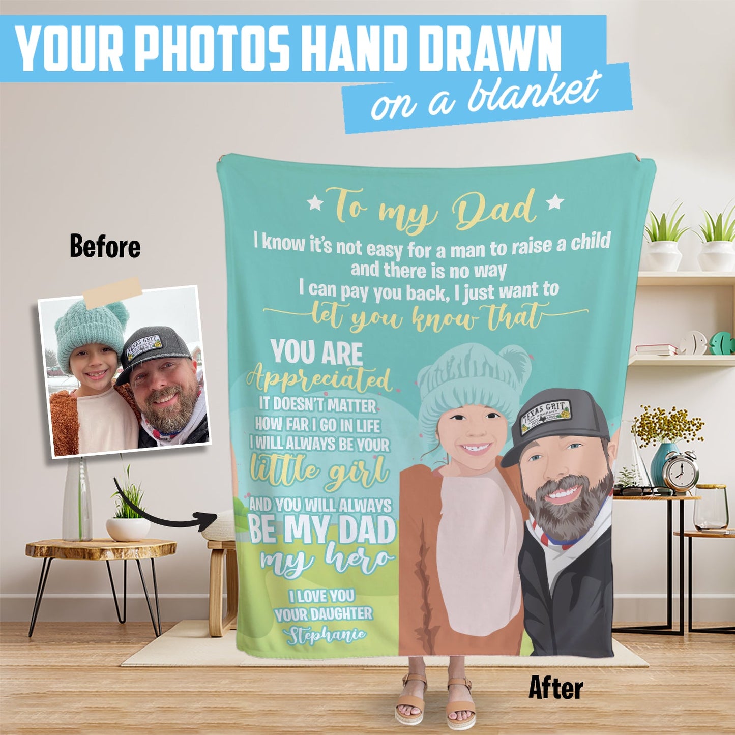 Custom "To My Dad" Blanket From Daughter Personalized With Hand-Drawn Portrait