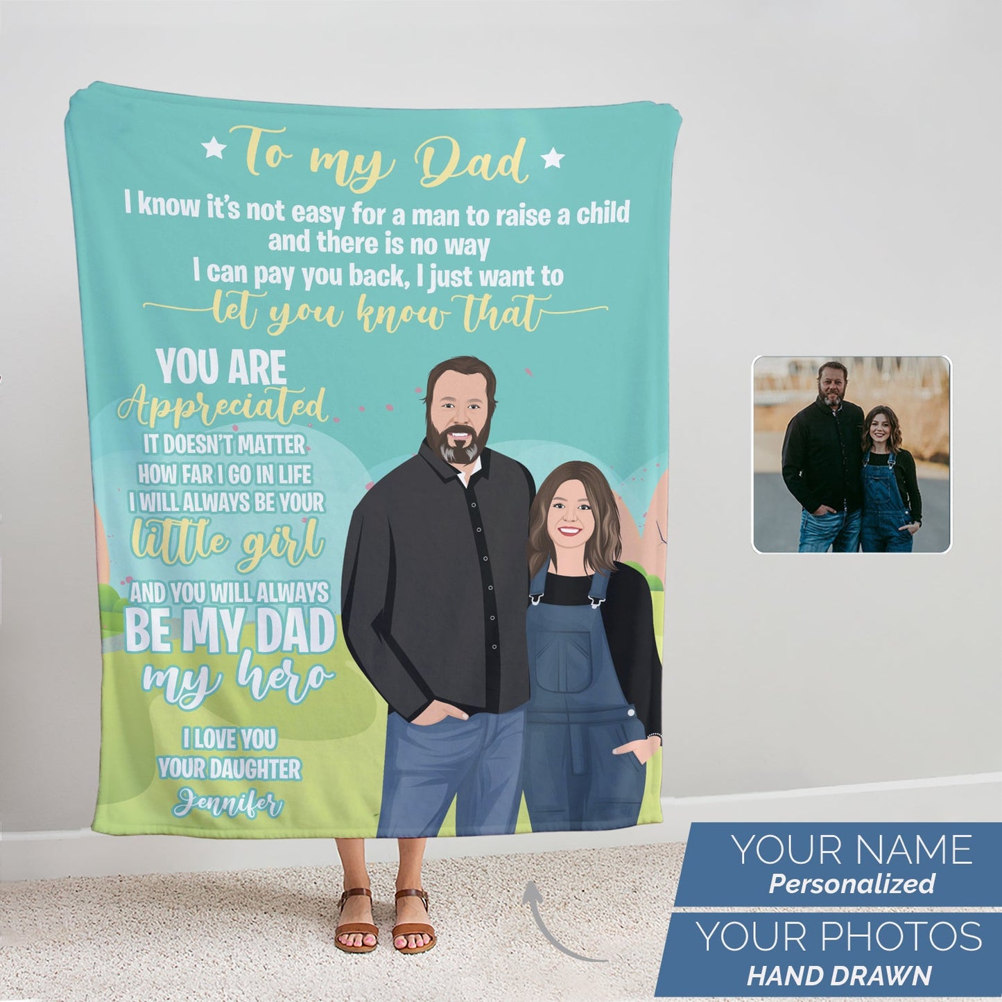 Custom "To My Dad" Blanket From Daughter Personalized With Hand-Drawn Portrait