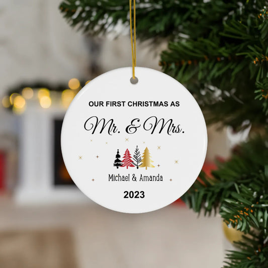 Our First Christmas as Mr. & Mrs. Personalized Ceramic Ornament, Round